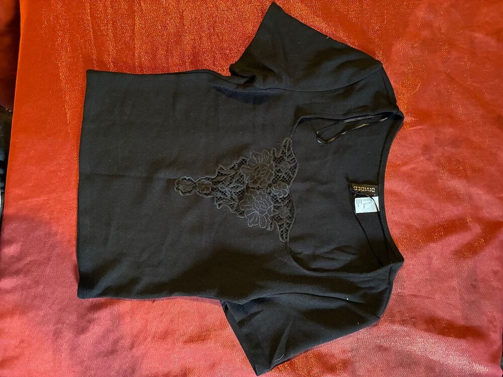 Divided Top Womens S Crochet Lace Applique Scoop Neck Short Sleeve Casual Black